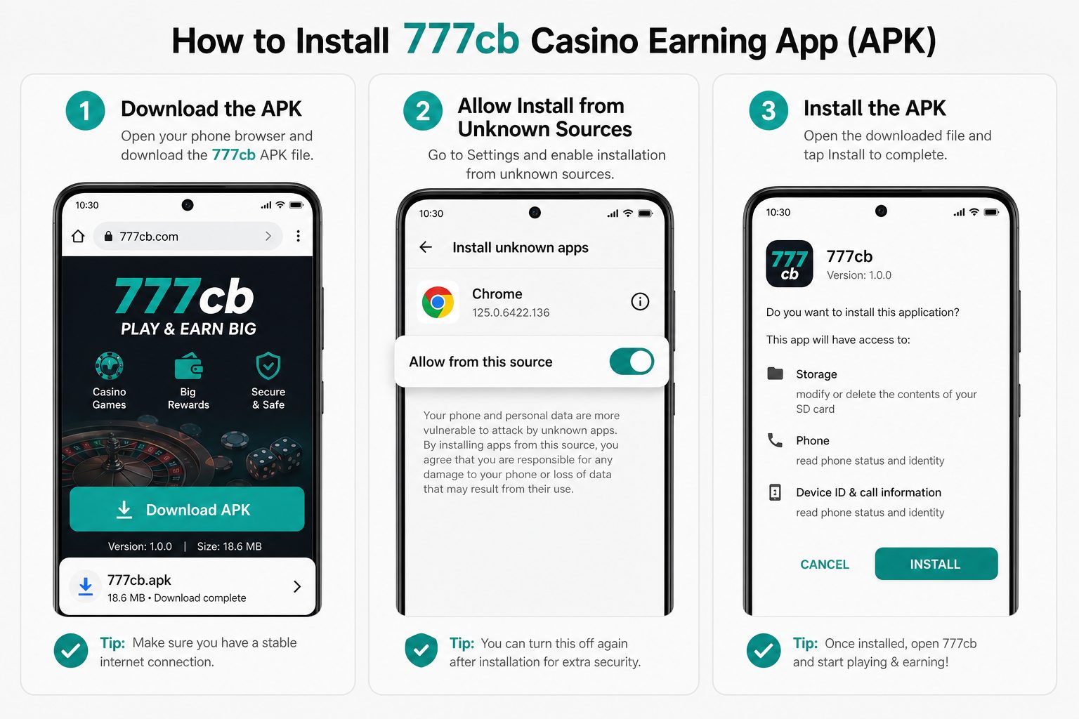 777cb APK Install Steps 777cb APK download and install steps on Android
